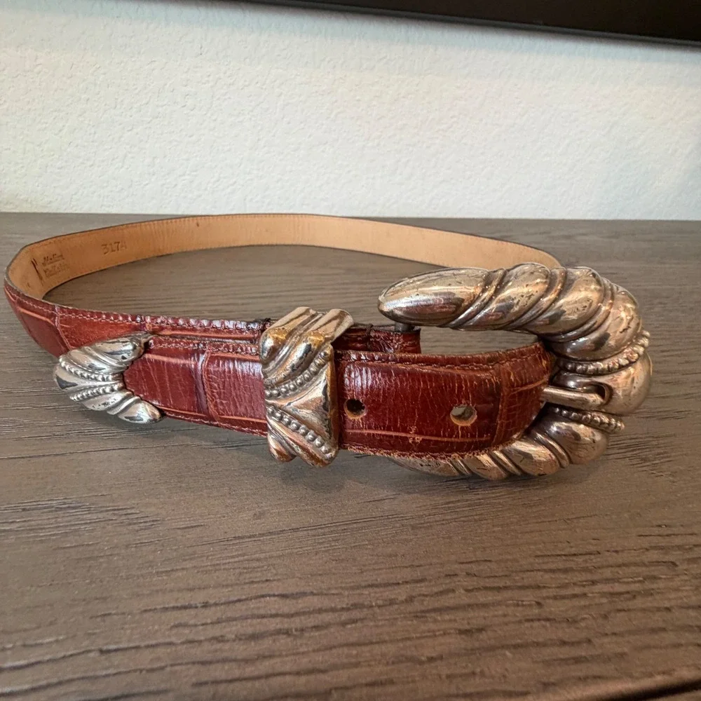 Emmon Belts Brown Italian Calfskin Croc Embossed Western Belt Silver Buckle M